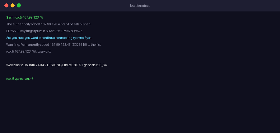 Terminal showing SSH connection to a Linux VPS server