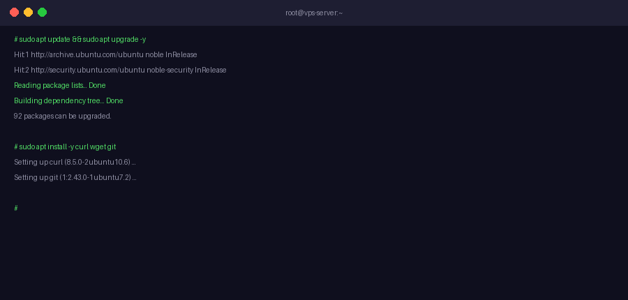 VPS terminal showing apt update and upgrade running successfully