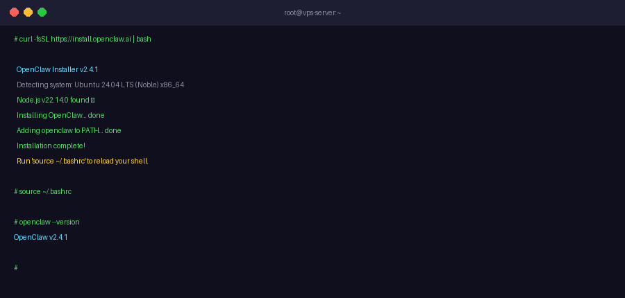 OpenClaw installer running on VPS with successful version confirmation