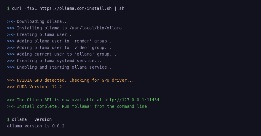 Ollama install script detecting NVIDIA GPU and CUDA 12.2, installation complete