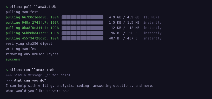 ollama pull llama3.1:8b showing download progress layers completing and model responding