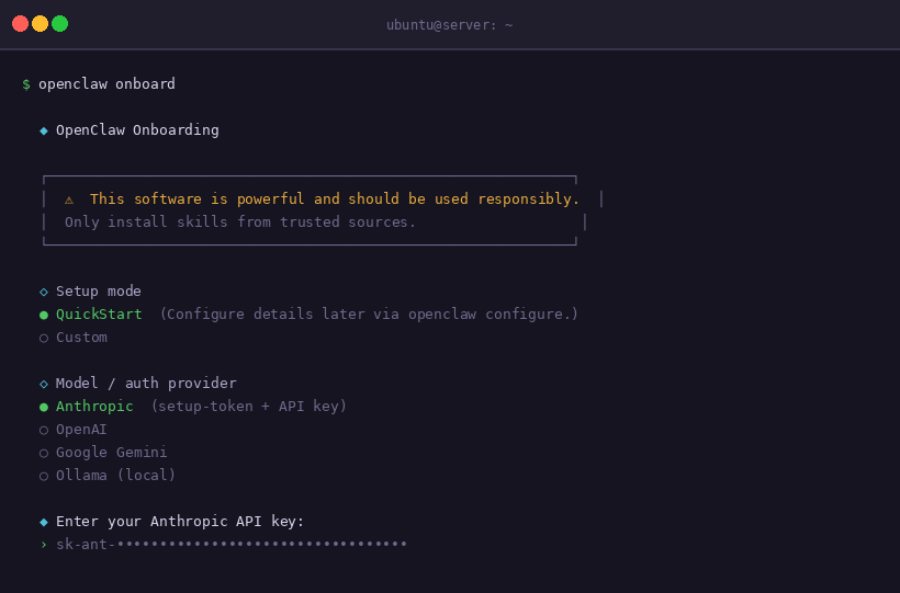 openclaw onboard wizard — QuickStart mode selected, choosing Anthropic as AI provider