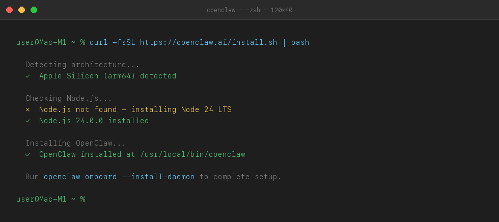 OpenClaw installer running in Mac Terminal — Apple Silicon detected