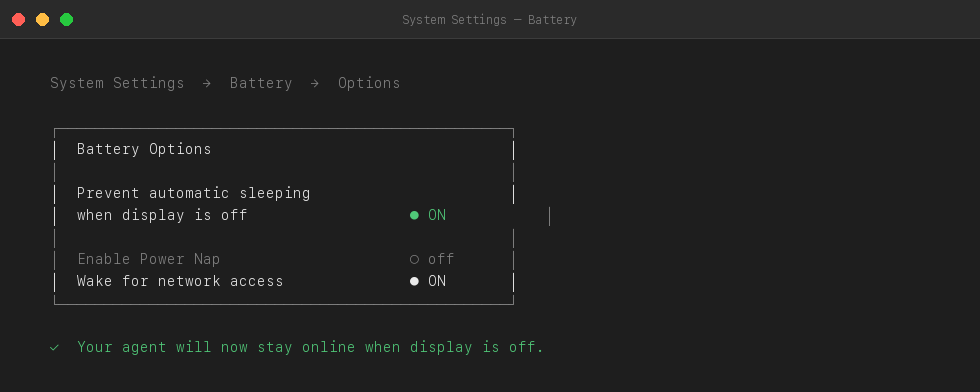 macOS Battery settings — Prevent automatic sleeping turned on