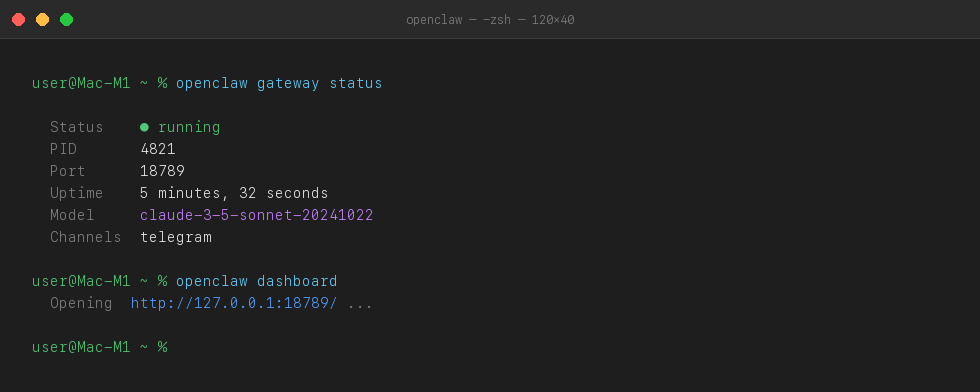 openclaw gateway status showing running on Mac M1