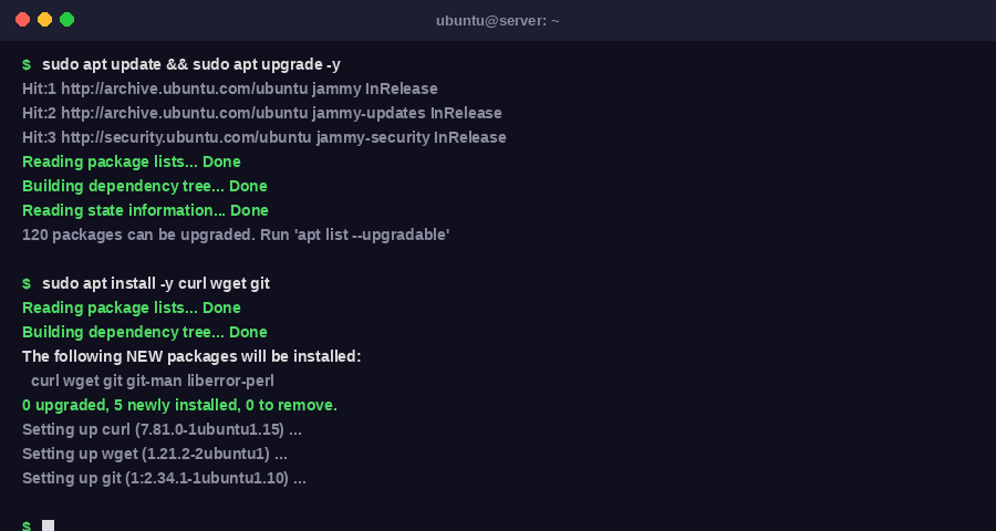 Ubuntu terminal showing apt update and upgrade running on Ubuntu 22.04