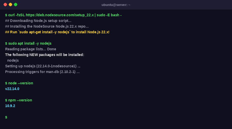 Ubuntu terminal showing NodeSource Node.js 22 installation and version verification
