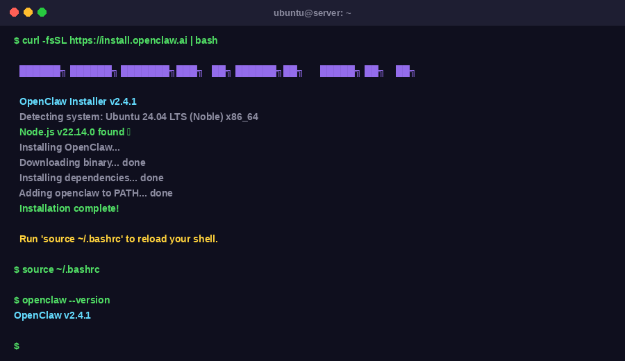 OpenClaw curl installer running in Ubuntu terminal with successful version verification